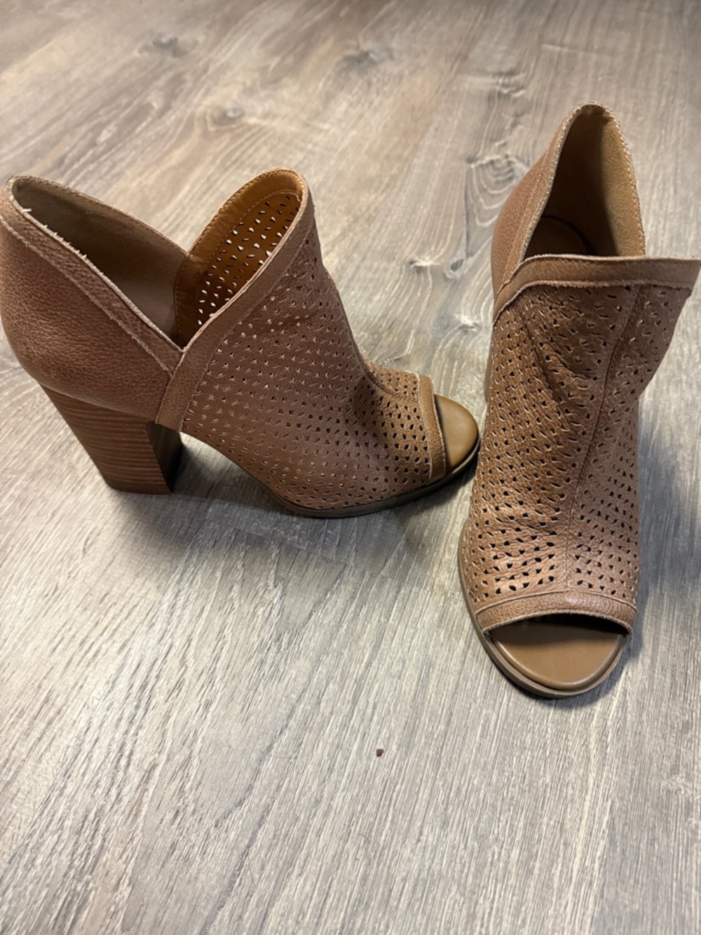 Lucky Brand Tan Perforated Peep-Toe Heel Booties
